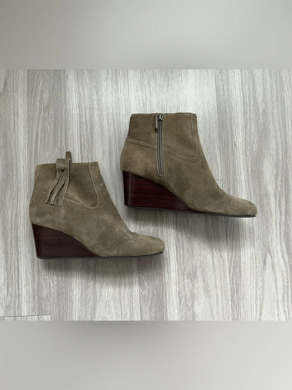 Cole Haan Suede Wedge Ankle Booties Taupe Brown Tassel Zip Size 8B